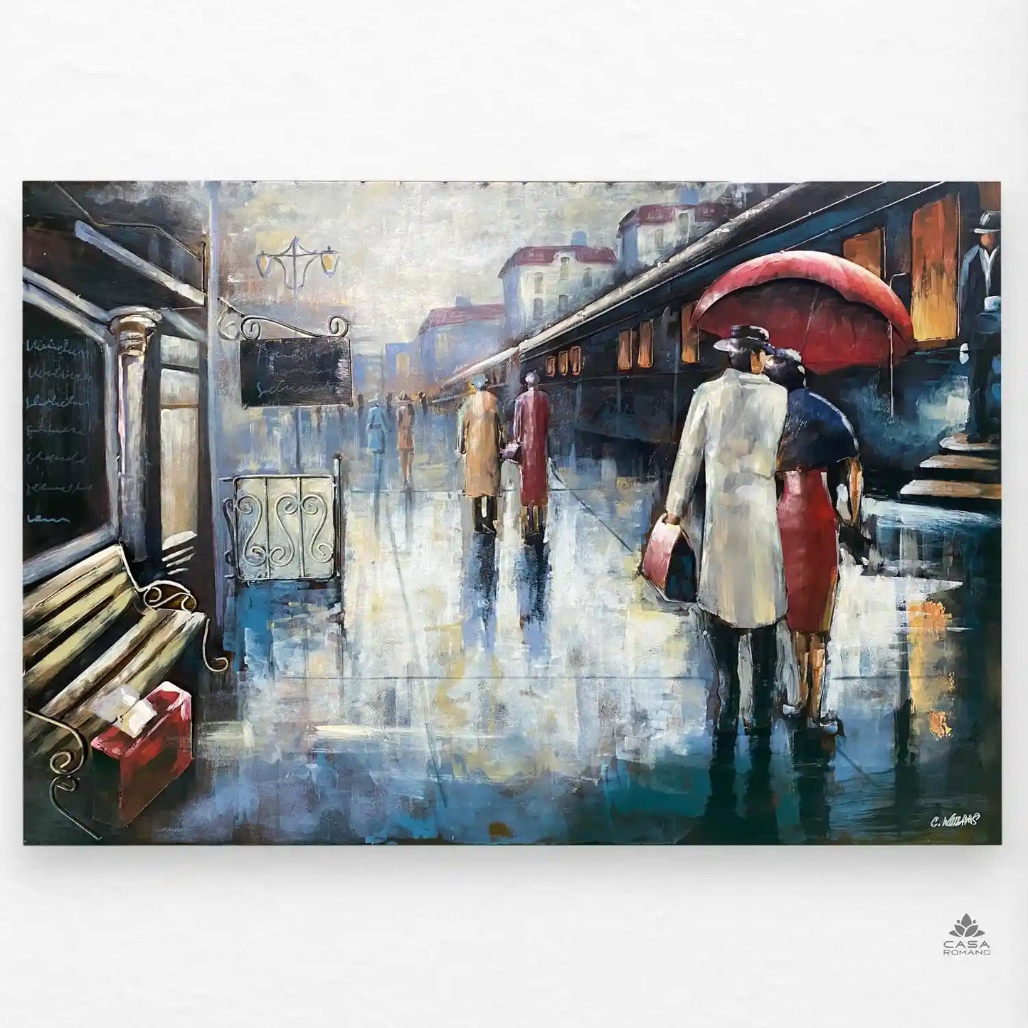 „Paar am Bahnsteig“ – 3D-Optik Metallbild 120×80 cm