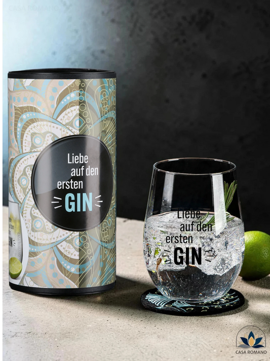 Gin Glas „Liebe auf den ersten GIN“ – Geschenkset mit Untersetzer & Box | CASA ROMANO