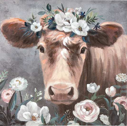Handgemaltes Leinwandbild Kuh mit Blumen 90x90 cm | CASA ROMANO