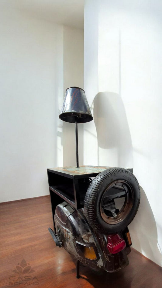 Kommode Roller aus Metall & Mangoholz mit Leuchte – Exklusives Designmöbel