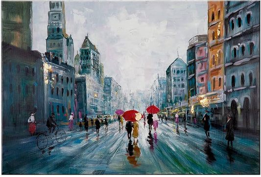 „Stadtleben im Regen“ – Handgemaltes Leinwandbild 80×120 cm