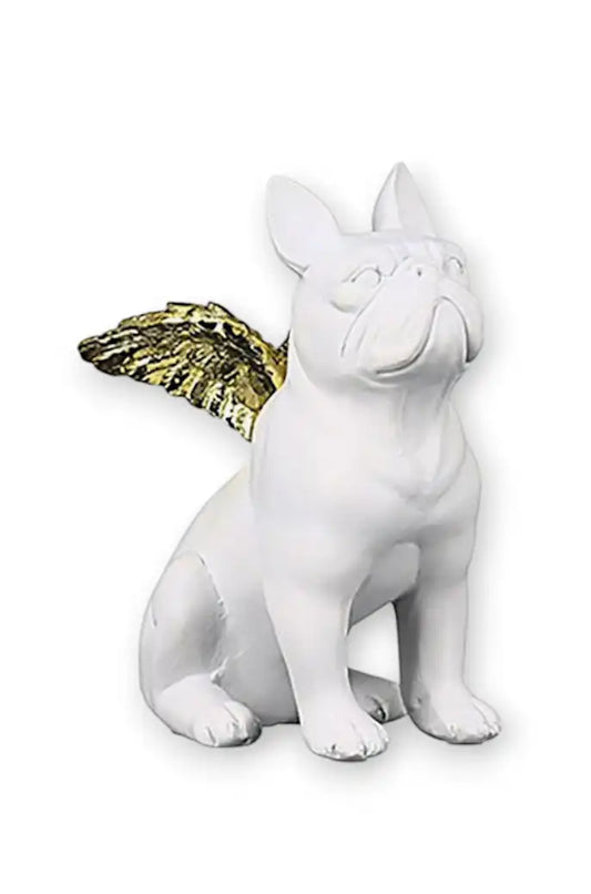 Bulldogge "Flying Bulli" – Weiße Figur mit goldenen Flügeln, 24 cm