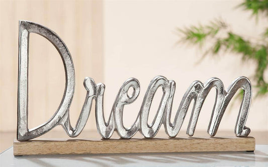 Aluminium Schriftzug "Dream" auf Holzbase