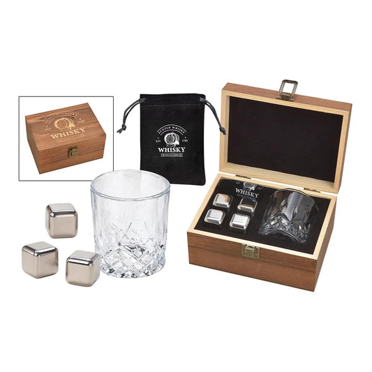 Whisky-Eiswürfel-Set aus Edelstahl mit Glas & Holzbox