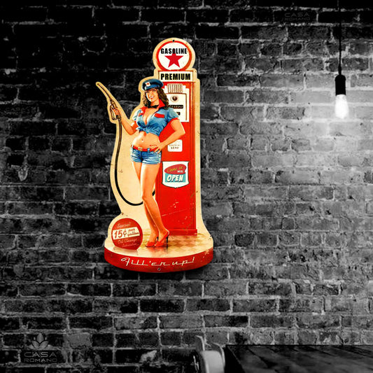 Blechschild Pin-Up "Gasoline Premium"