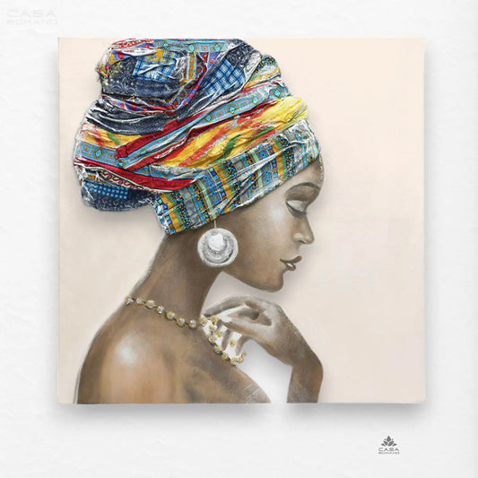 „Afrikanische Schönheit“ – Leinwandbild mit Textil-Kopftuch