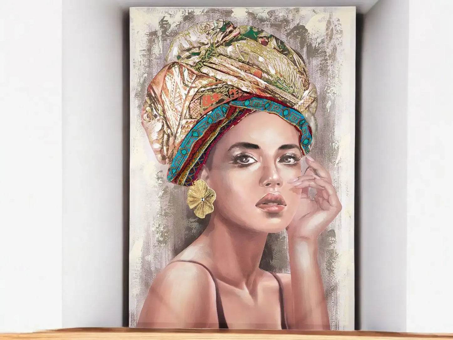 „Tianna“ – Handbemaltes 3D-Leinwandbild mit Textil-Kopftuch