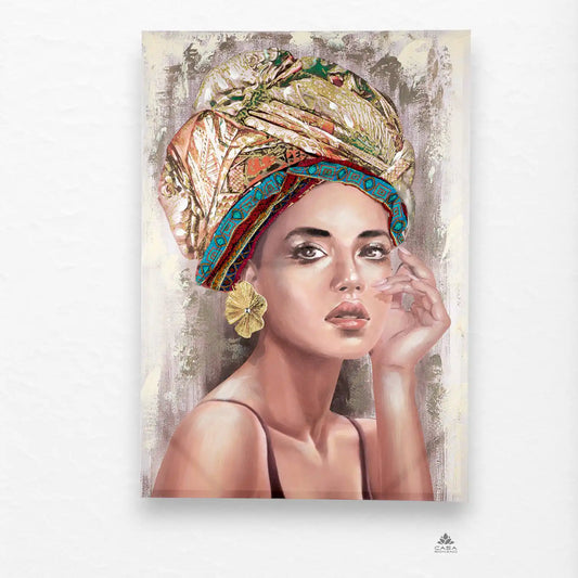 „Tianna“ – Handbemaltes 3D-Leinwandbild mit Textil-Kopftuch