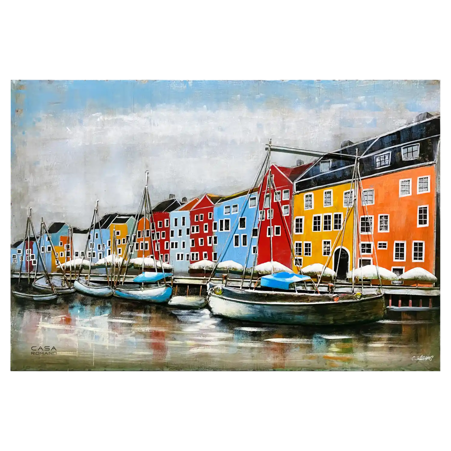 „Hafen Ambiente“ – 3D-Optik Metallbild, handbemalt 120×80 cm
