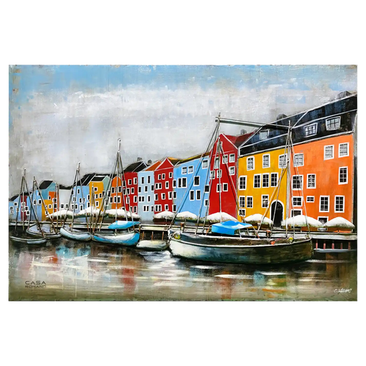 „Hafen Ambiente“ – 3D-Optik Metallbild, handbemalt 120×80 cm