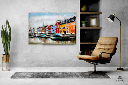 „Hafen Ambiente“ – 3D-Optik Metallbild, handbemalt 120×80 cm