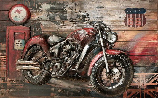 „Historisches Motorrad“ – Metallbild auf Holz mit 3D-Opti