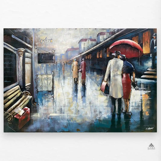 „Paar am Bahnsteig“ – 3D-Optik Metallbild 120×80 cm