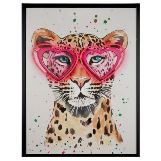 „Leo Love“ – LED-Leinwandbild mit Leopard und Herzbrille, 64×83 cm