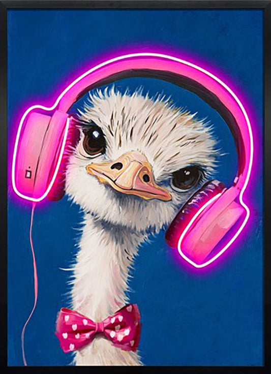 „LED-Leinwandbild Bird On Ear“ – Vogel mit Kopfhörern, 64×83 cm