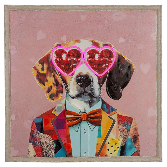 „Dog Love“ – LED-Leinwandbild mit Hund und Herzbrille, 64×64 cm