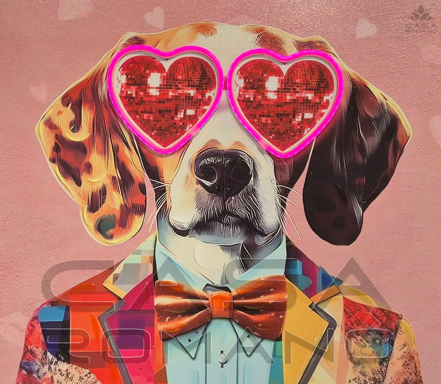 „Dog Love“ – LED-Leinwandbild mit Hund und Herzbrille, 64×64 cm