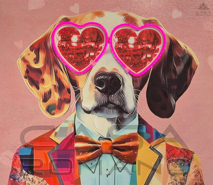 „Dog Love“ – LED-Leinwandbild mit Hund und Herzbrille, 64×64 cm