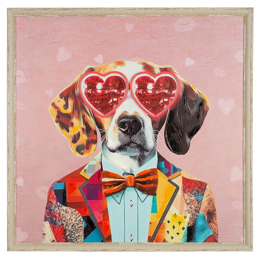 „Dog Love“ – LED-Leinwandbild mit Hund und Herzbrille, 64×64 cm