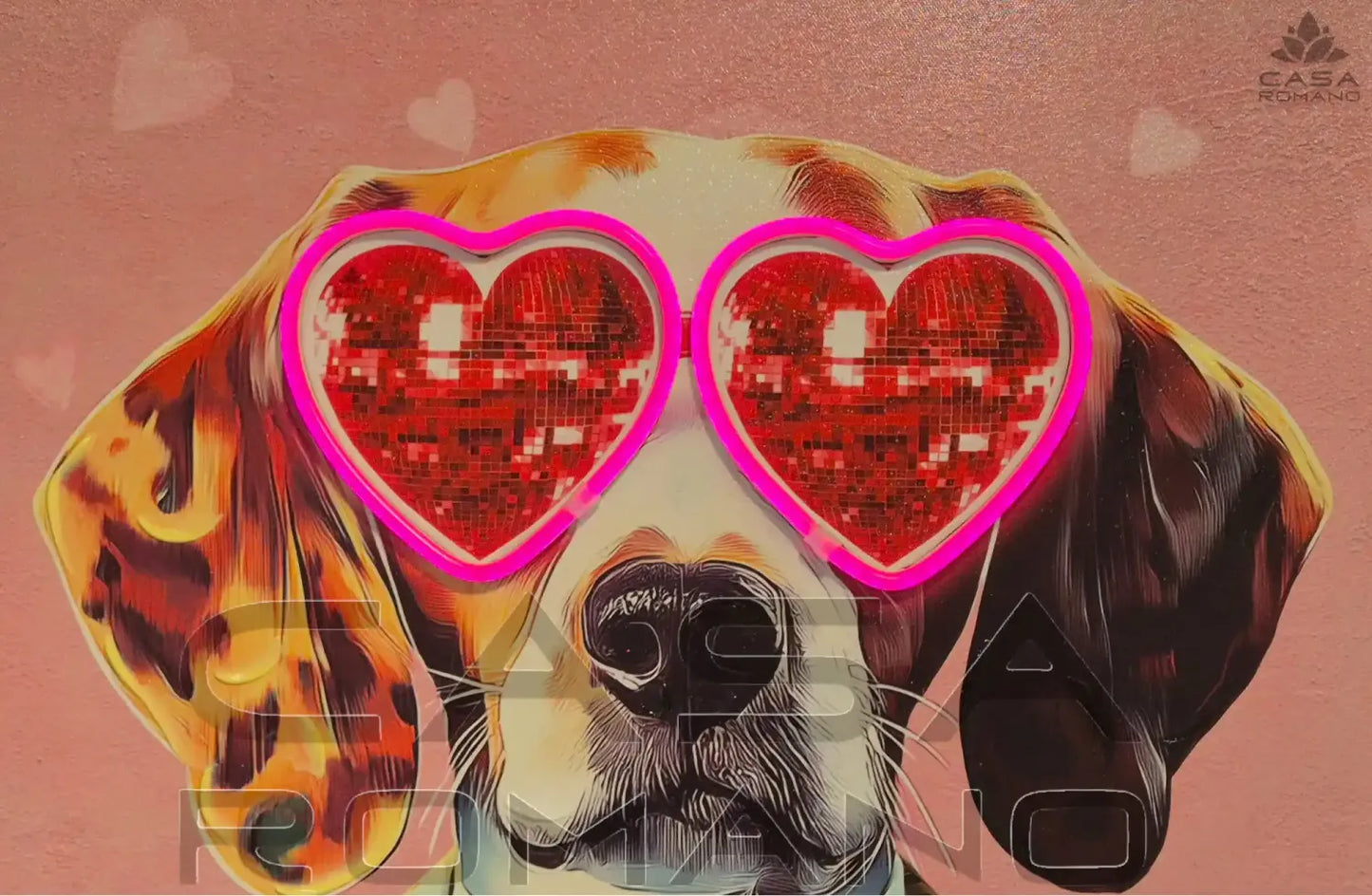 „Dog Love“ – LED-Leinwandbild mit Hund und Herzbrille, 64×64 cm