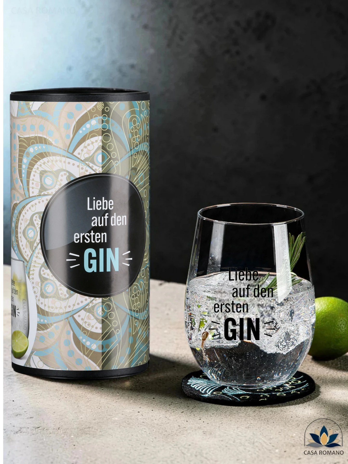 Gin Glas „Liebe auf den ersten GIN“ – Geschenkset mit Untersetzer & Box | CASA ROMANO