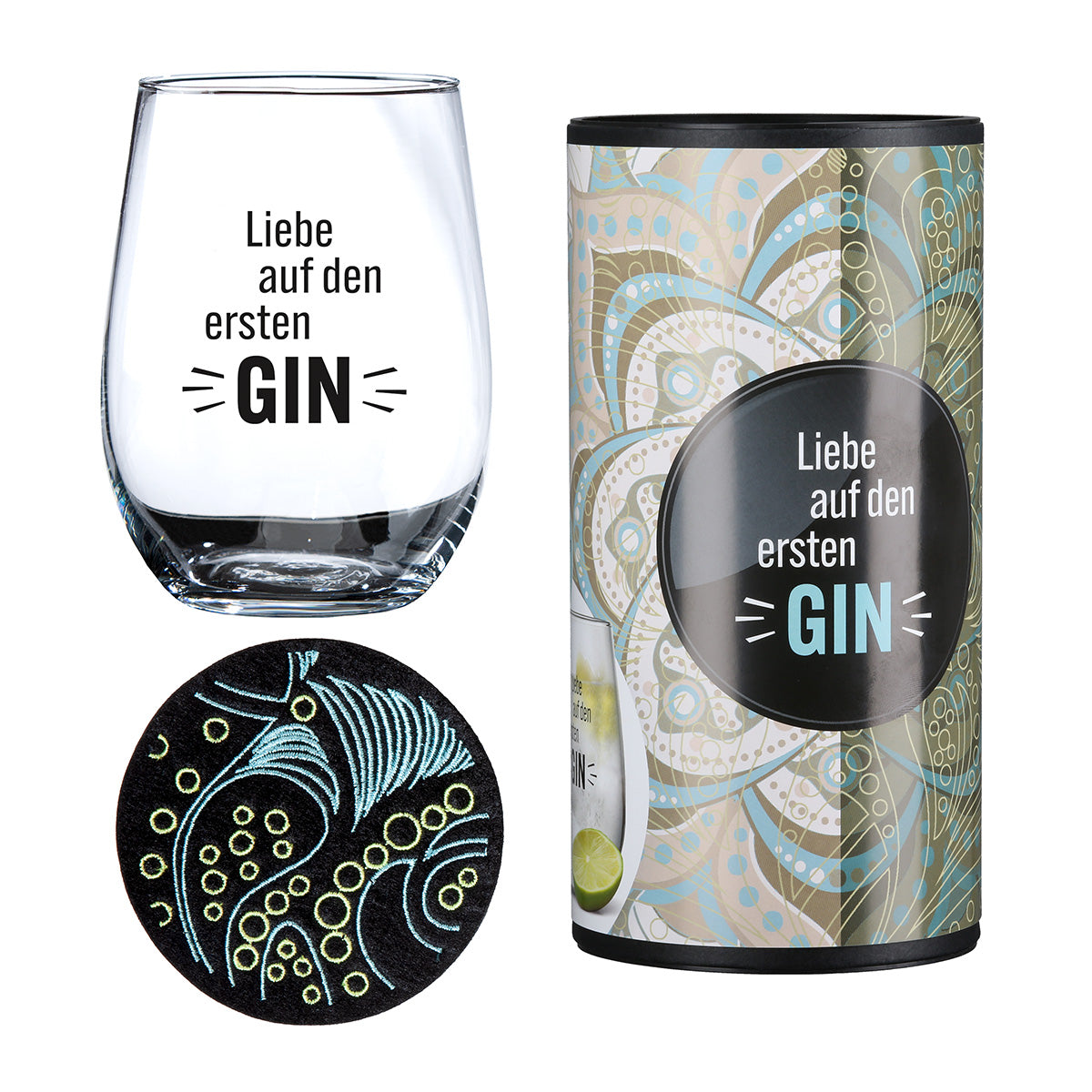 Gin Glas „Liebe auf den ersten GIN“ – Geschenkset mit Untersetzer & Box | CASA ROMANO