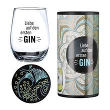 Gin Glas „Liebe auf den ersten GIN“ – Geschenkset mit Untersetzer & Box | CASA ROMANO