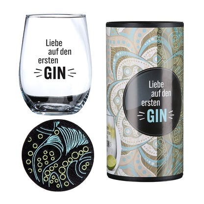 Gin Glas „Liebe auf den ersten GIN“ – Geschenkset mit Untersetzer & Box | CASA ROMANO