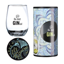Gin Glas „Du bist GINial“ – Geschenkset mit Untersetzer & Box | CASA ROMANO