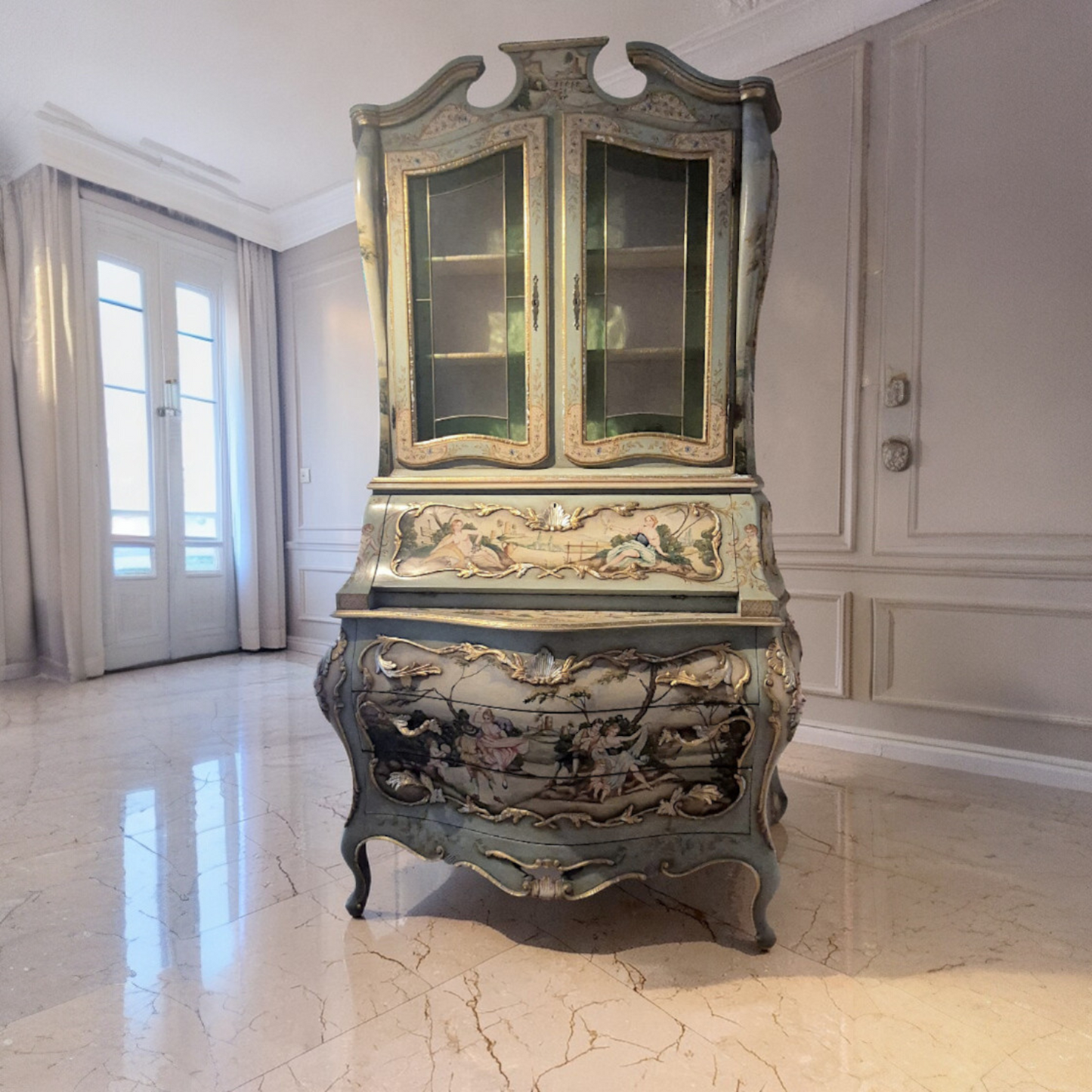 Handbemalter venezianischer Sekretär mit Vitrine, Künstler-Malerei & Blattgold | CASA ROMANO