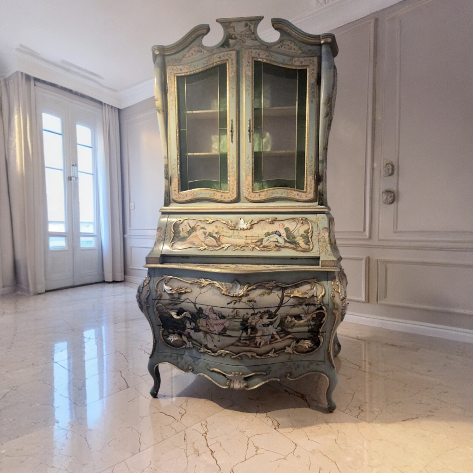 Handbemalter venezianischer Sekretär mit Vitrine, Künstler-Malerei & Blattgold | CASA ROMANO