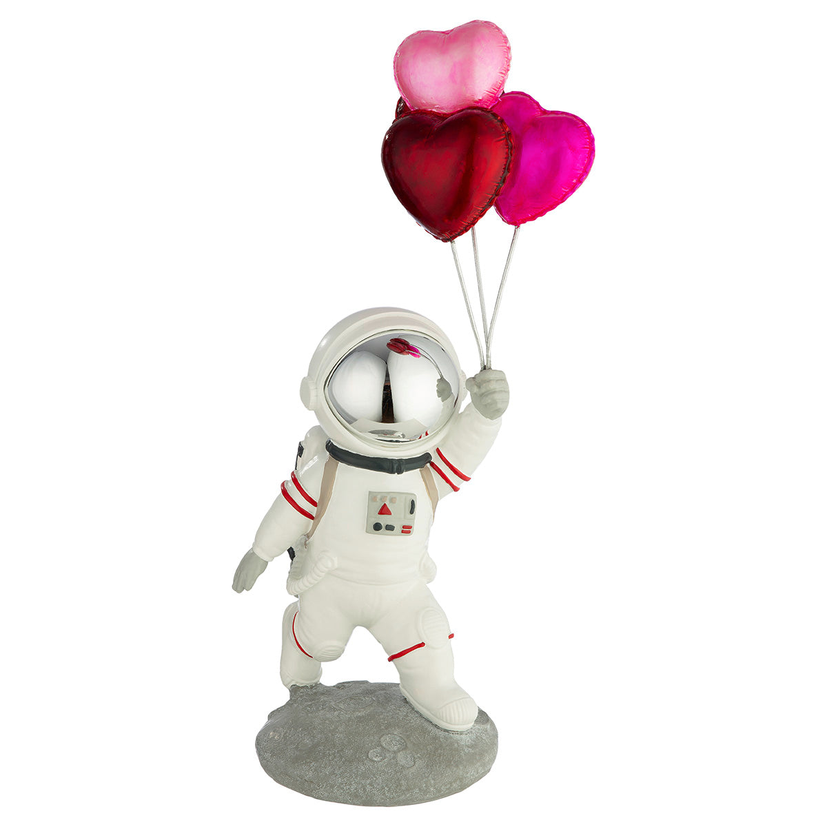 Astronauten-Figur „Michael“ mit drei roten Herz-Ballons, glänzende Dekofigur aus Kunstharz auf Basis, 39 cm.