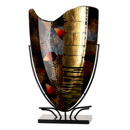 Bodenvase aus Glas in Schwarz Gold Rot mit Metallständer 57 cm