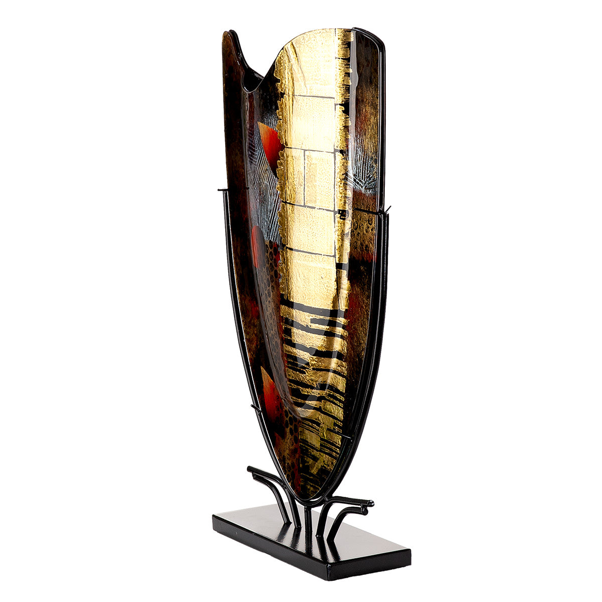 Seitenansicht der Bodenvase aus Glas in Schwarz Gold Rot
