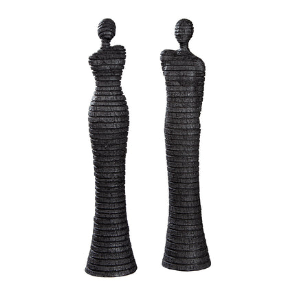 Figuren-Set Mann und Frau aus schwarzem Kunstharz mit modernem Linienmuster, Höhe 48,5 cm