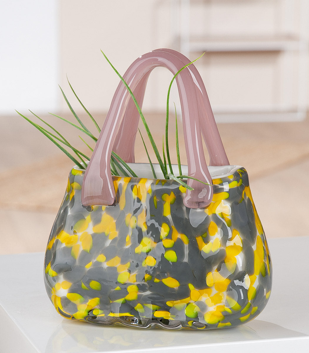 Glasvase „Handtasche“ – Designobjekt in Gelb, Grau & Rosa | CASA ROMANO