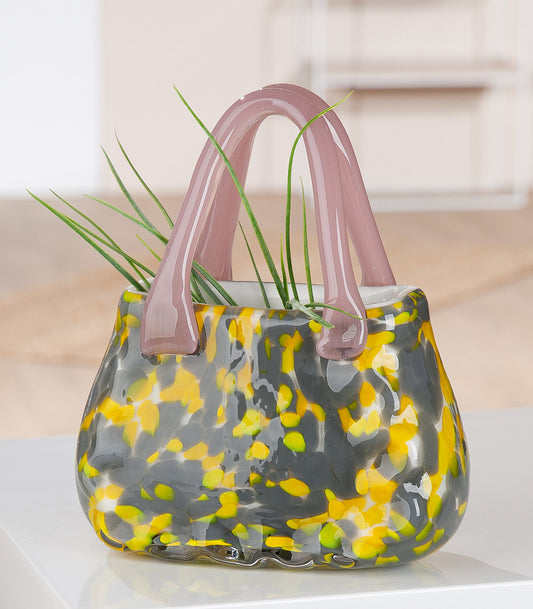 Glasvase „Handtasche“ – Designobjekt in Gelb, Grau & Rosa | CASA ROMANO