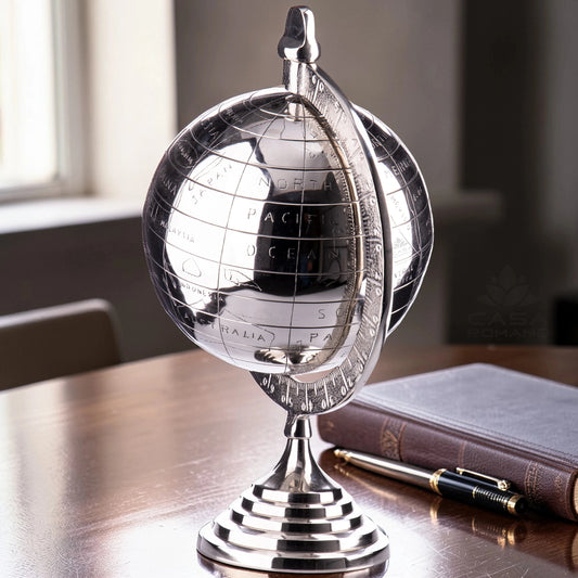 Deko Weltkugel aus Metall silber moderner Globus auf Standfuss auf einem Schreibtisch