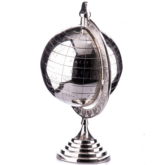 Deko Weltkugel aus Metall silber moderner Globus auf Standfuss