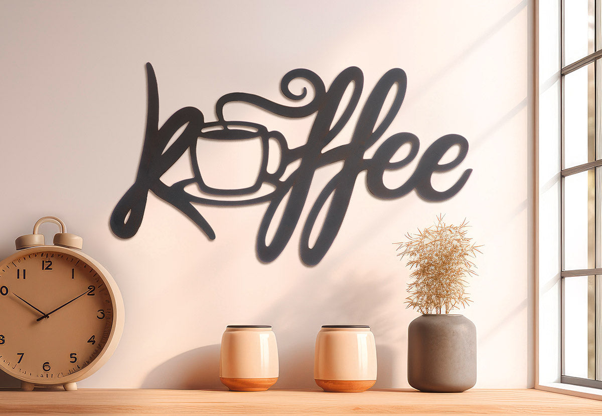 Wandrelief „Kaffee“ – Metall Schriftzug mit Tasse, 42×26 cm