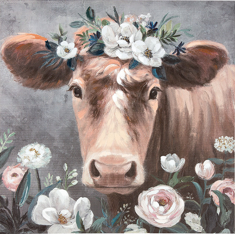 Handgemaltes Leinwandbild Kuh mit Blumen 90x90 cm | CASA ROMANO