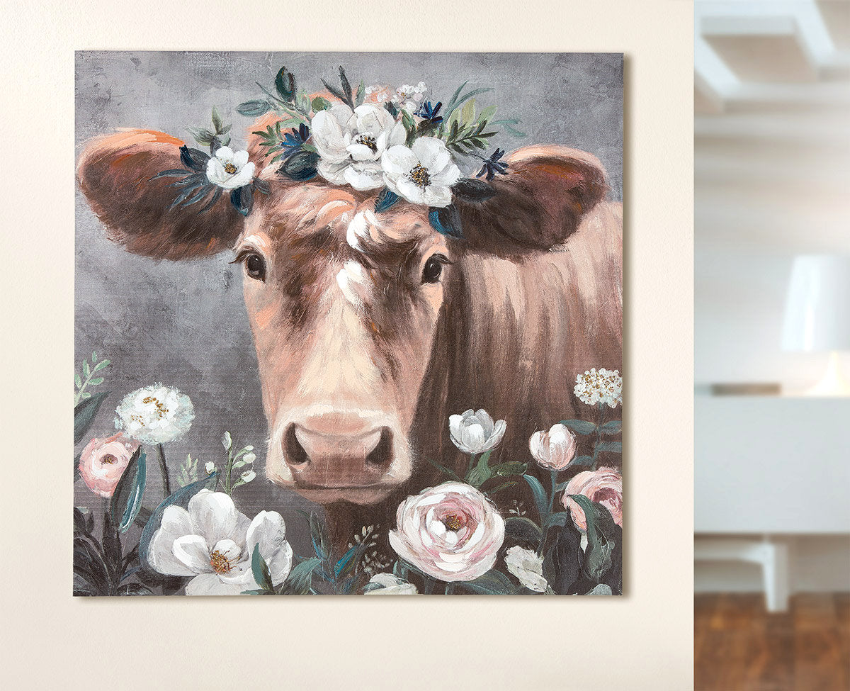 Handgemaltes Leinwandbild Kuh mit Blumen 90x90 cm | CASA ROMANO
