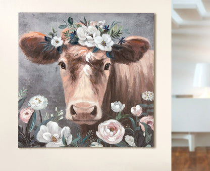 Handgemaltes Leinwandbild Kuh mit Blumen 90x90 cm | CASA ROMANO