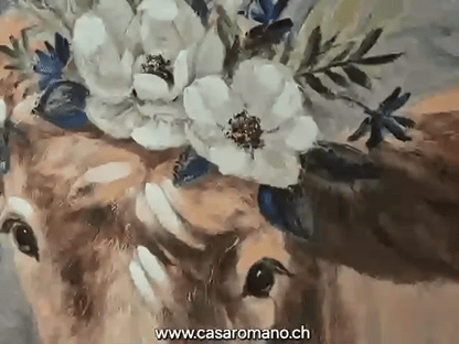 Handgemaltes Leinwandbild Kuh mit Blumen 90x90 cm | CASA ROMANO