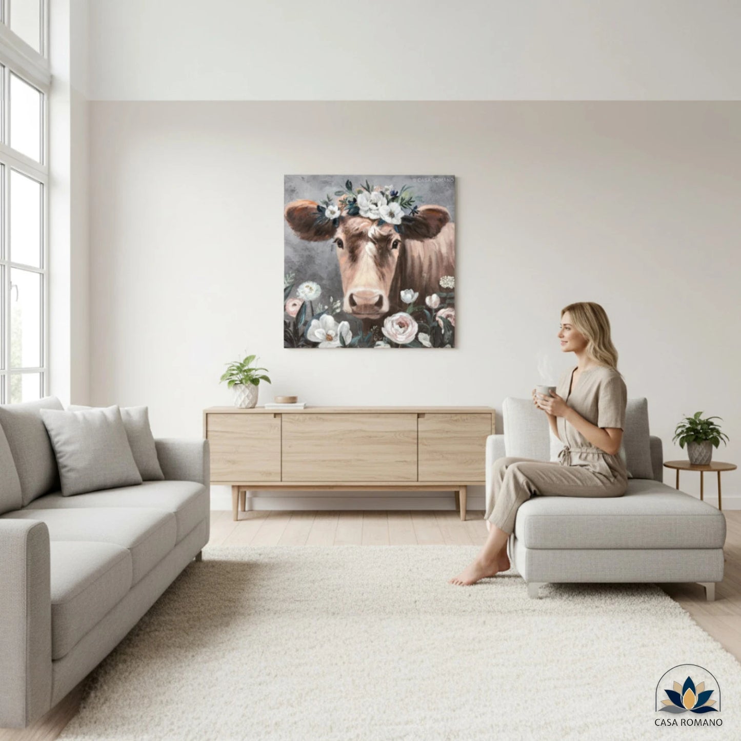 Handgemaltes Leinwandbild Kuh mit Blumen 90x90 cm | CASA ROMANO