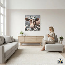 Handgemaltes Leinwandbild Kuh mit Blumen 90x90 cm | CASA ROMANO