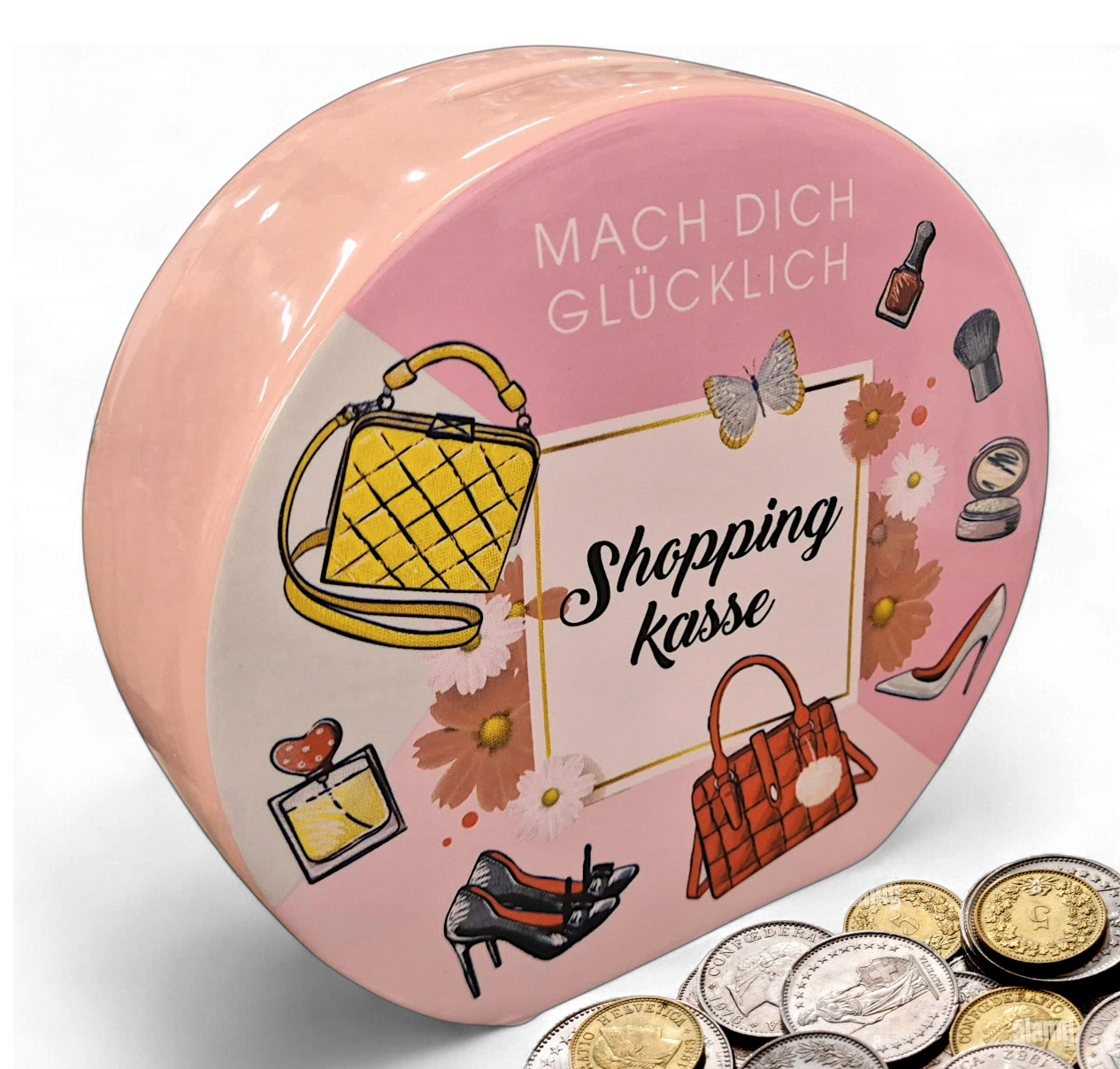 Shopping Kasse Spardose „Mach Dich glücklich“ rosa | CASA ROMANO
