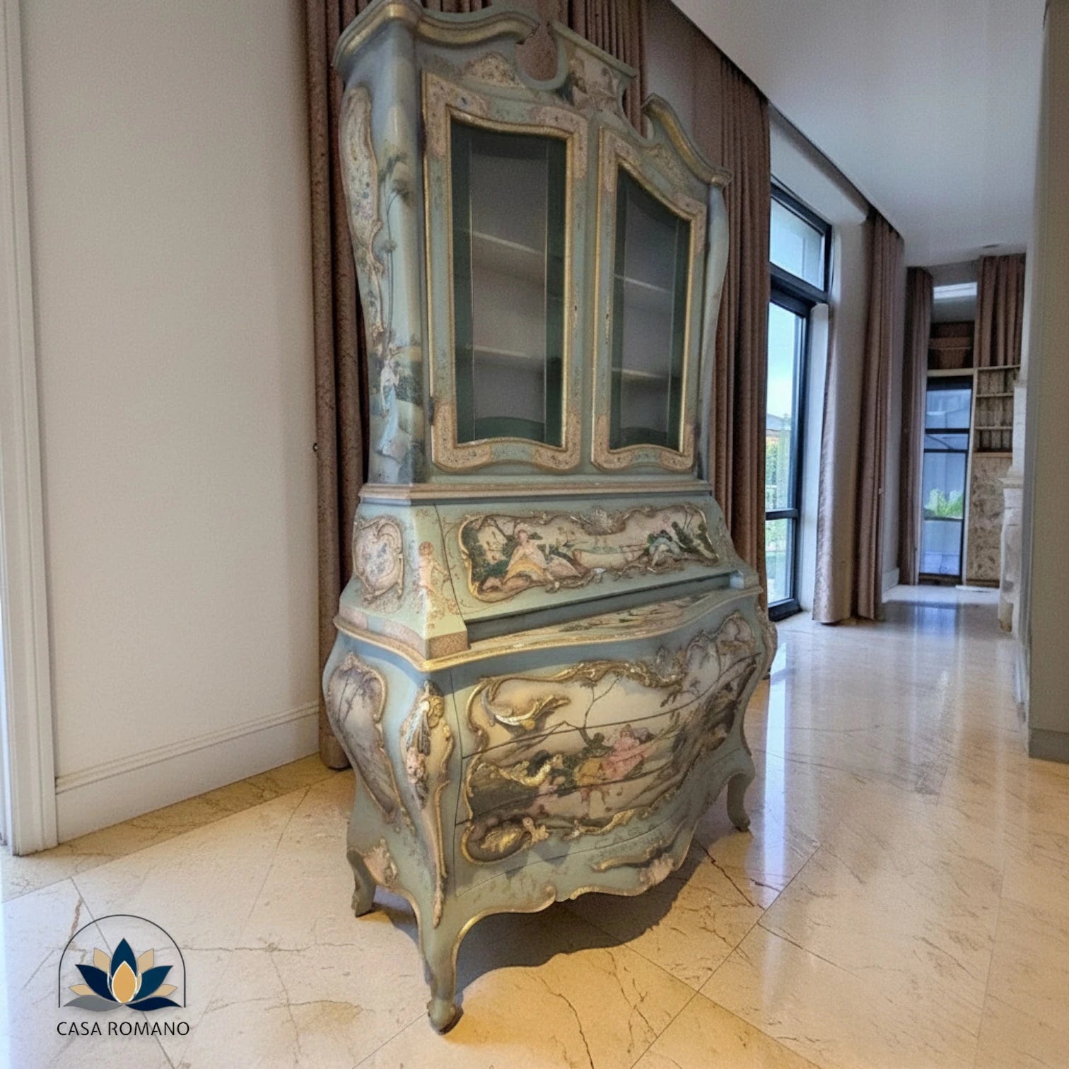 Handbemalter venezianischer Sekretär mit Vitrine, Künstler-Malerei & Blattgold | CASA ROMANO
