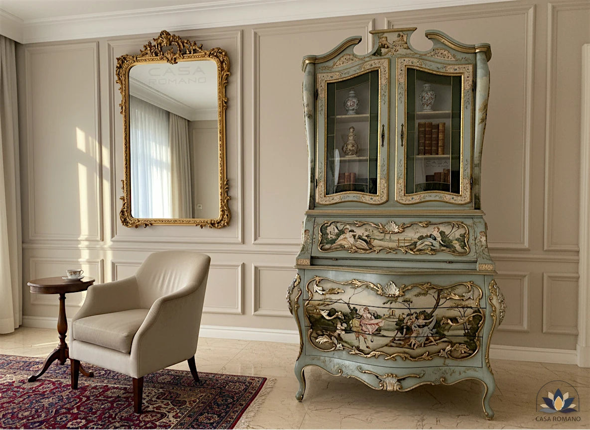 Handbemalter venezianischer Sekretär mit Vitrine, Künstler-Malerei & Blattgold | CASA ROMANO