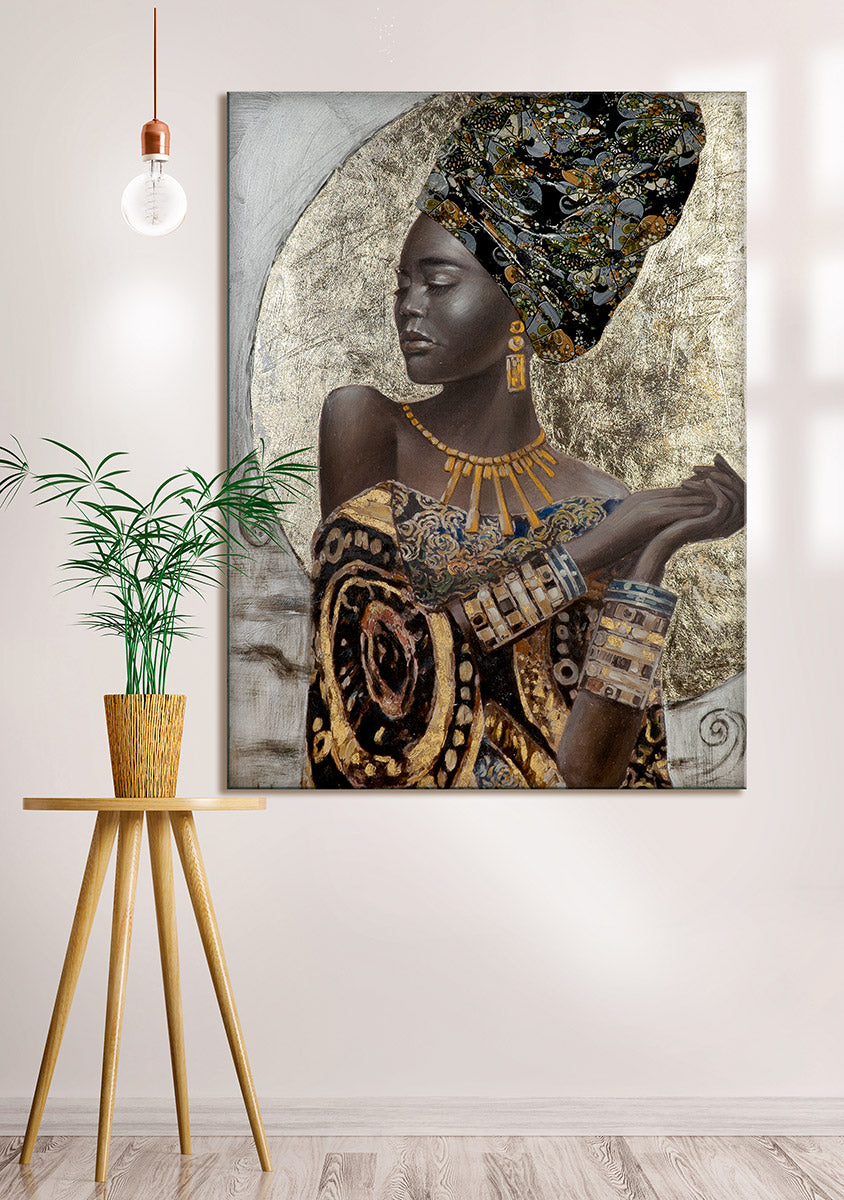 Leinwandbild „African Lady“ 120x90 cm – Handgemalt & Gold Akzente | CASA ROMANO